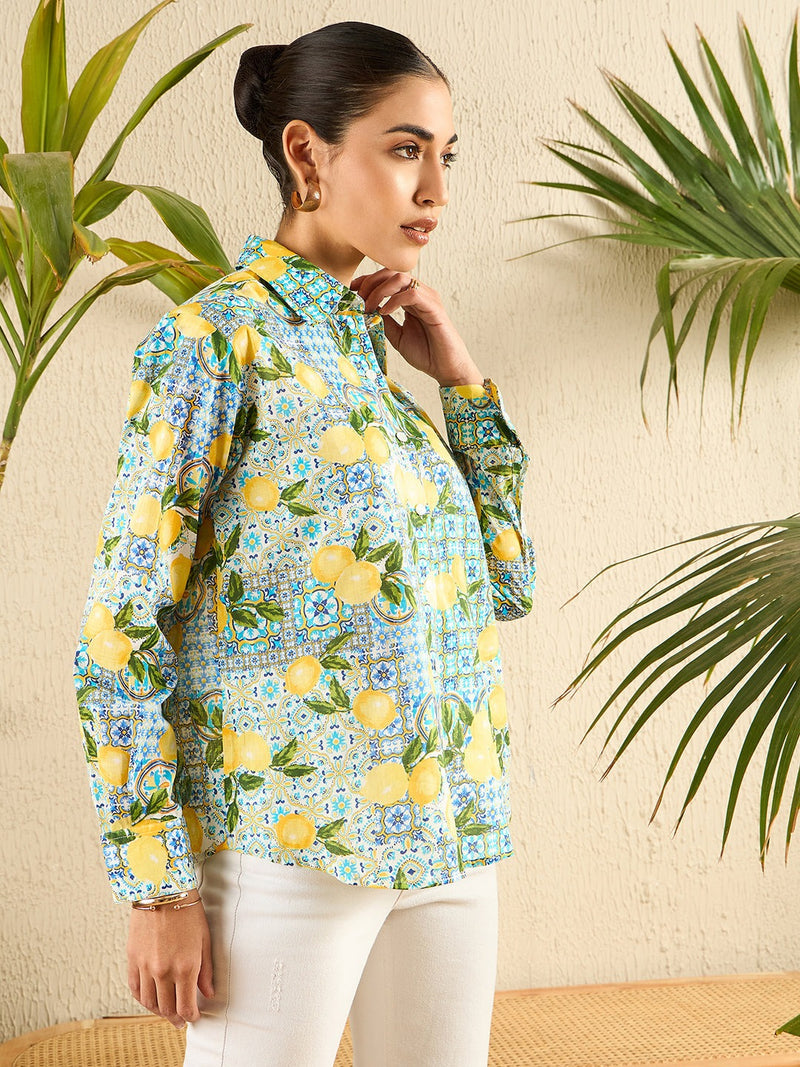 Mediterranean Lemon Print Cotton Shirt