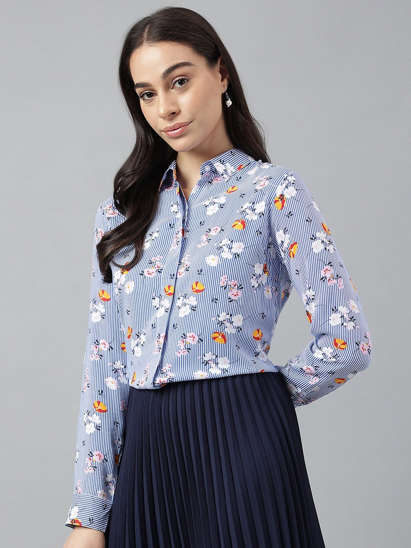 Blue Striped Floral Printed Long Sleeve Shirt