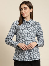 White & Navy Blue Floral Printed Cotton Shirt