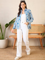 Cool Blue Floral Burst Print Button-Up Shirt