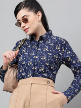Navy Blue Floral Print Long Sleeve Shirt