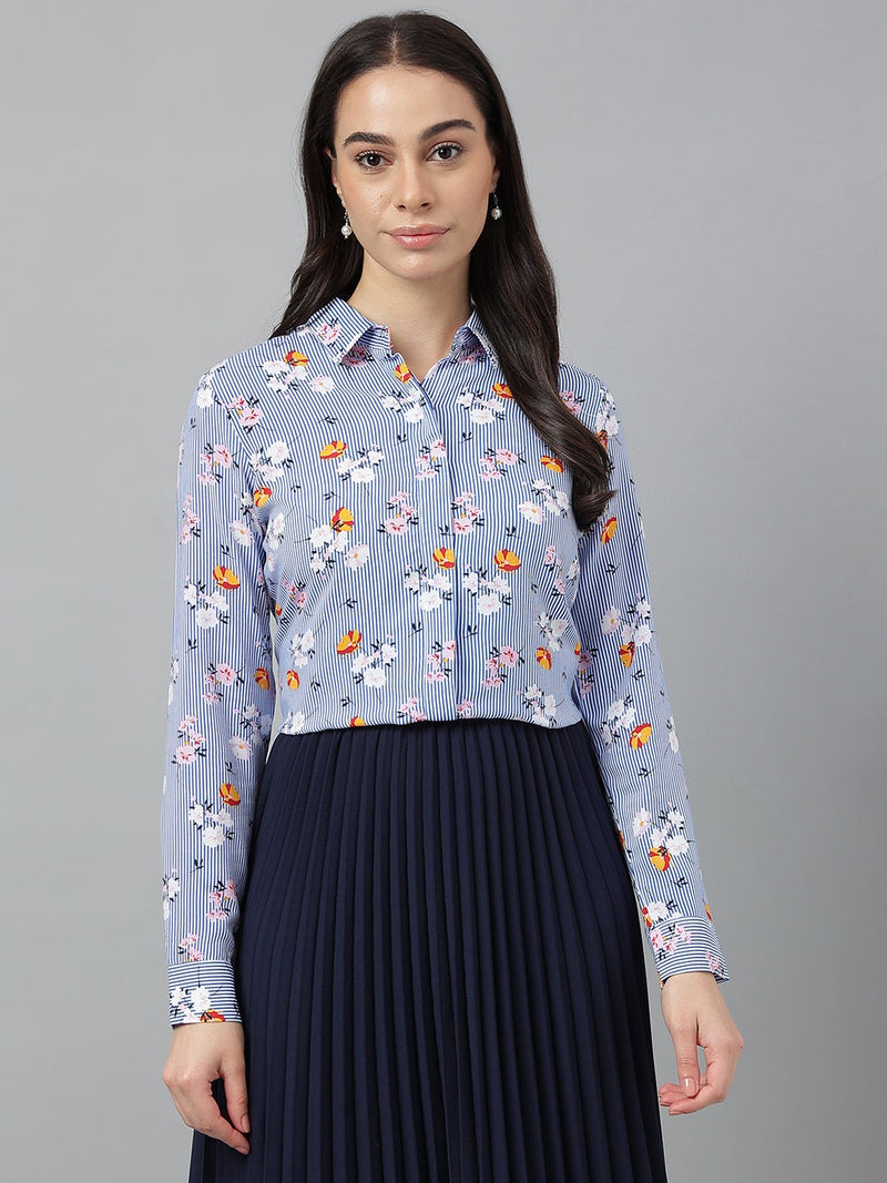 Blue Striped Floral Printed Long Sleeve Shirt