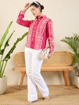 Vibrant Pink & Beige Tie-Dye Inspired Printed Button-Up Shirt