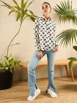 Beige & Blue Bird Print Button-Down Shirt