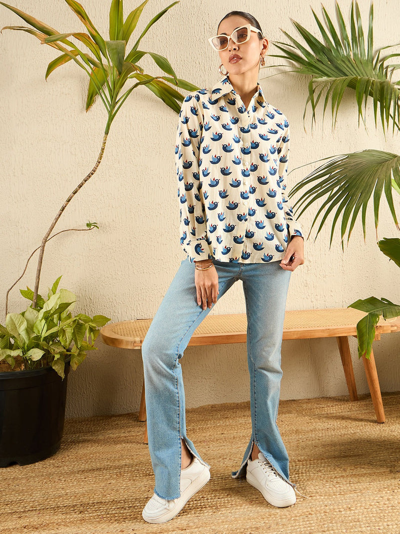 Beige & Blue Bird Print Button-Down Shirt