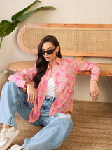 Bright Pink Floral Burst Print Button-Up Shirt