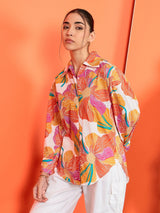 Bold Orange Floral Print Cotton Shirt