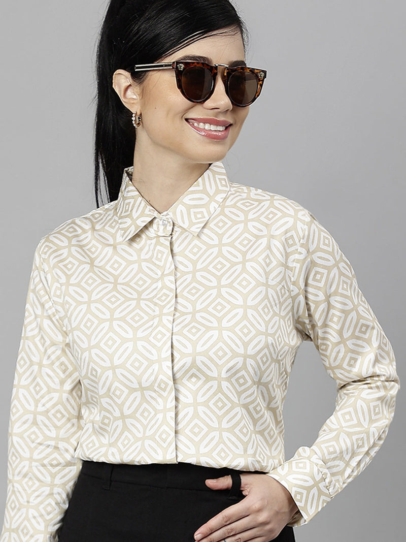 Beige & White Geometric Print Formal Shirt