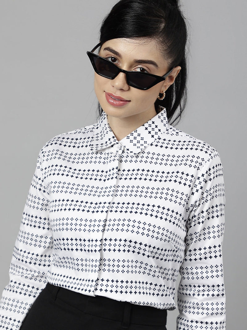 White & Black Geometric Striped Formal Shirt
