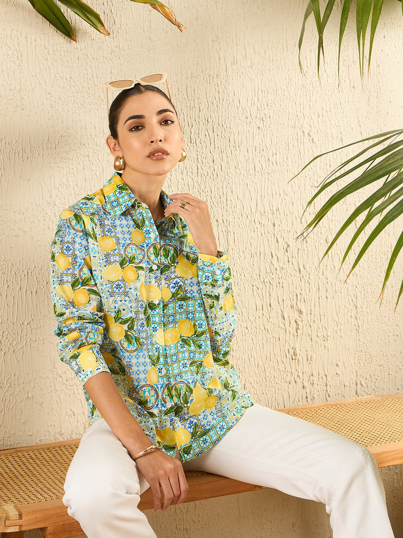 Mediterranean Lemon Print Cotton Shirt