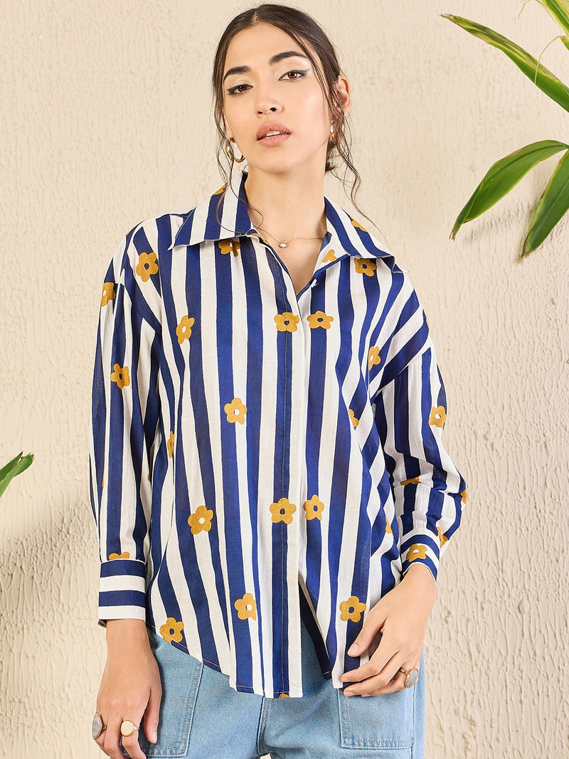 Navy Striped Floral Button-Down Shirt
