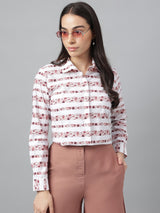 Chic White & Rose Striped Floral Print Button-Up Shirt