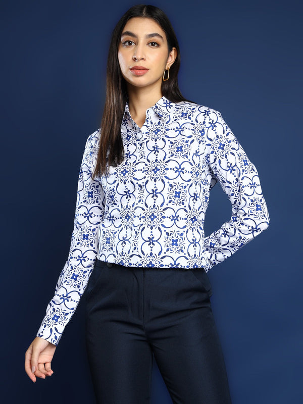 White & Navy Blue Geometric Print Shirt
