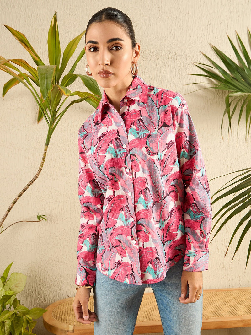 Tropical Print Pink Cotton Shirt