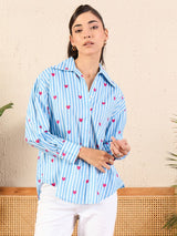 Blue Striped Heart-Print Shirt
