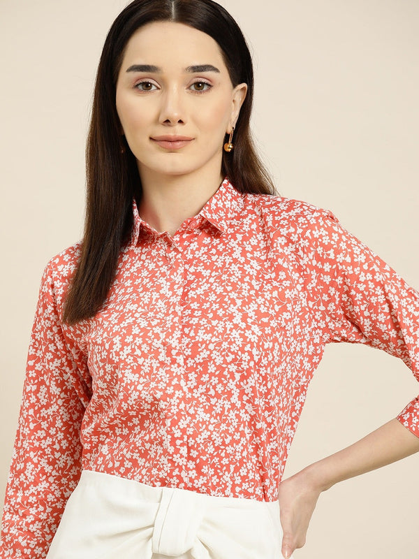 Coral Red & White Floral Printed Shirt