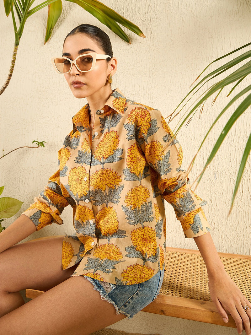 Floral Handblock Print Cotton Shirt