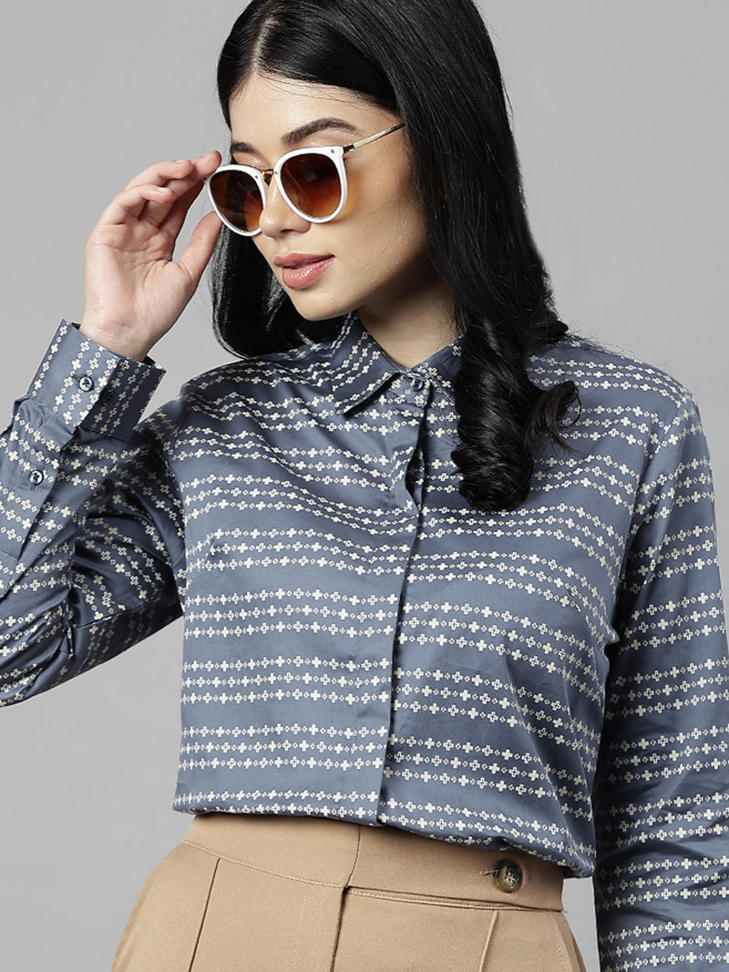 Blue & White Geometric Striped Formal Shirt
