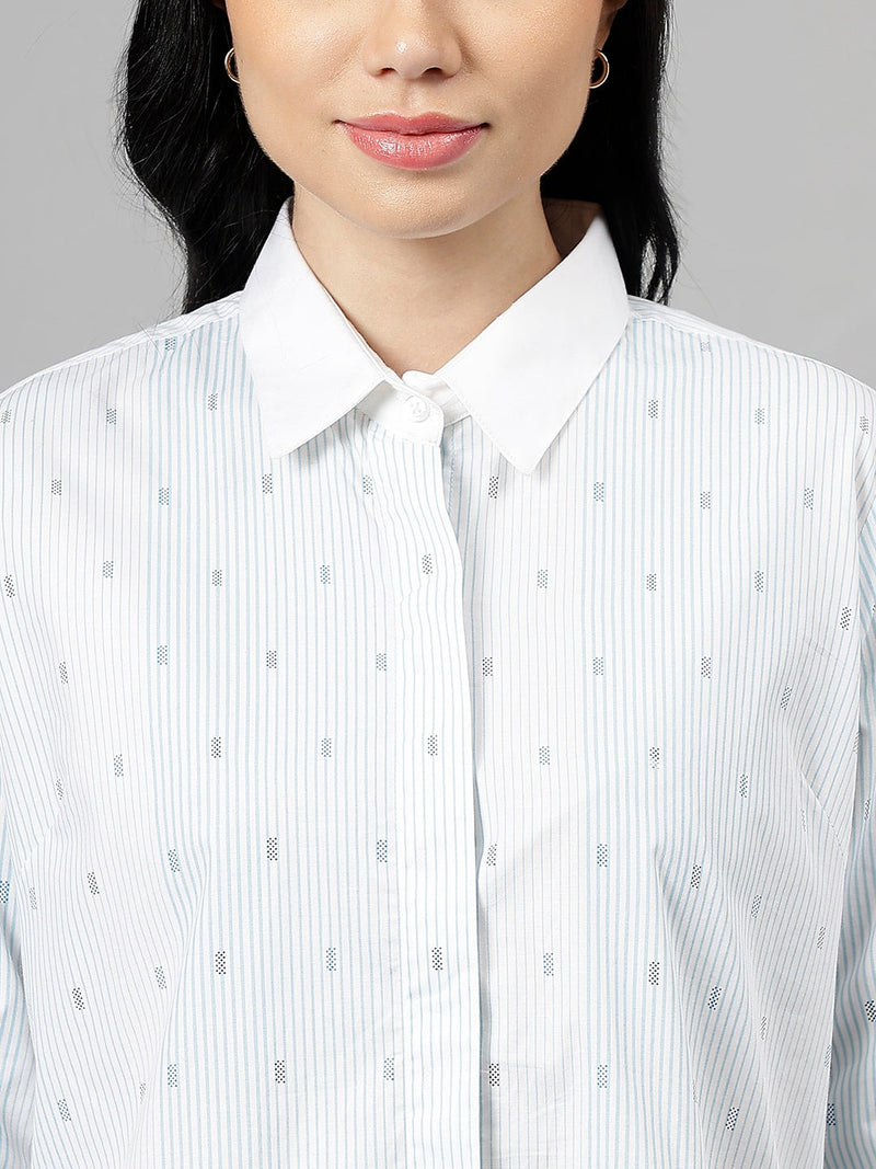 White & Light Blue Striped Long Sleeve Formal Shirt