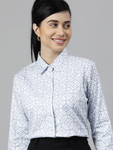 Light Blue & White Geometric Print Formal Shirt