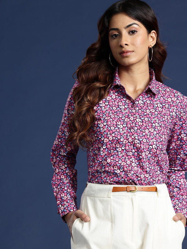 Pink & Navy Floral Printed Formal Shirt