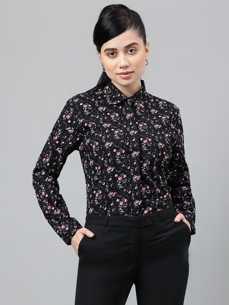 Black Floral Print Long Sleeve Shirt
