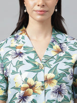 Sky Blue Floral Printed Short Sleeve Shirt