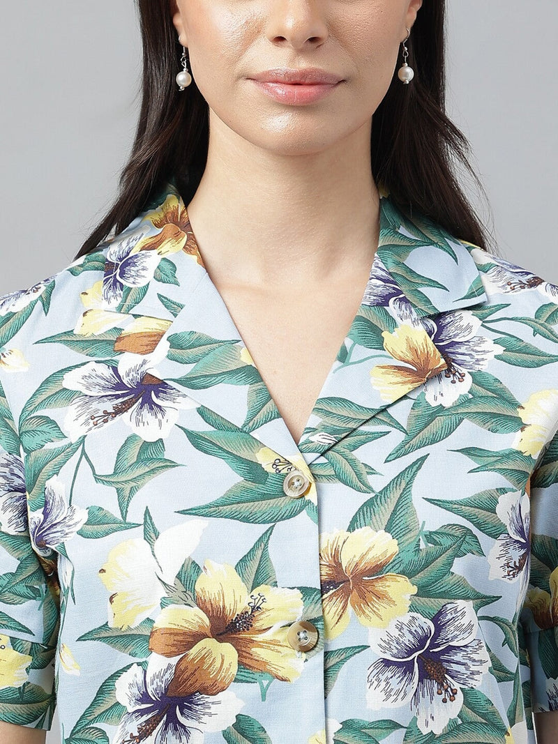 Sky Blue Floral Printed Short Sleeve Shirt