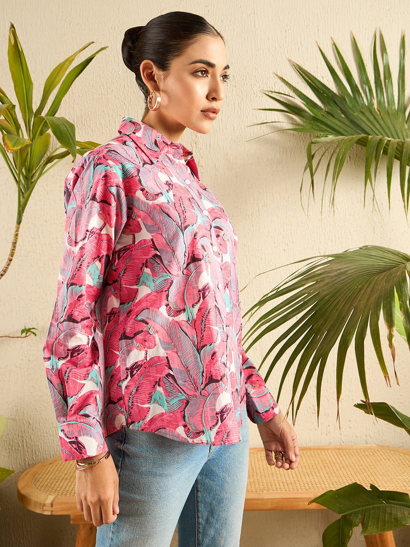 Tropical Print Pink Cotton Shirt