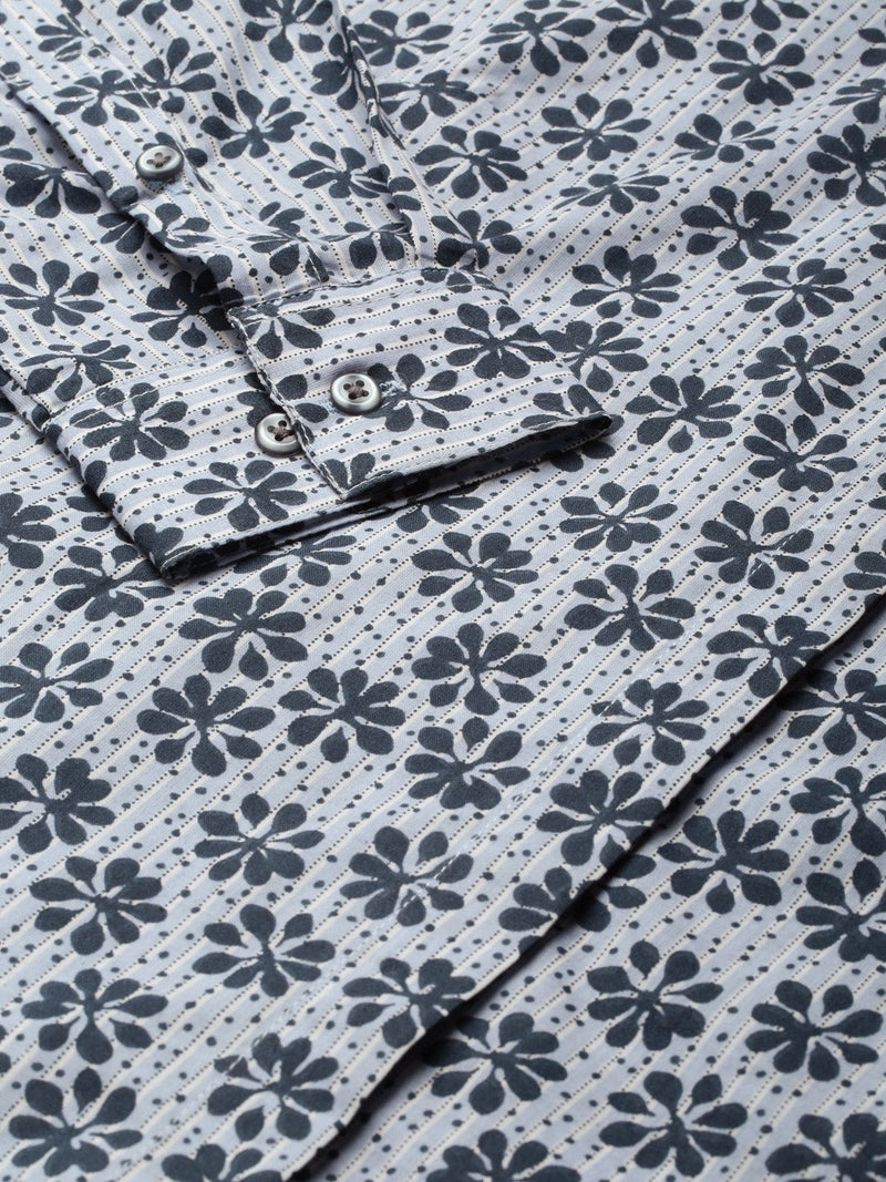 White & Navy Blue Floral Printed Cotton Shirt