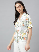 Fresh Mint Green Tropical Floral Print Half Sleeve Shirt