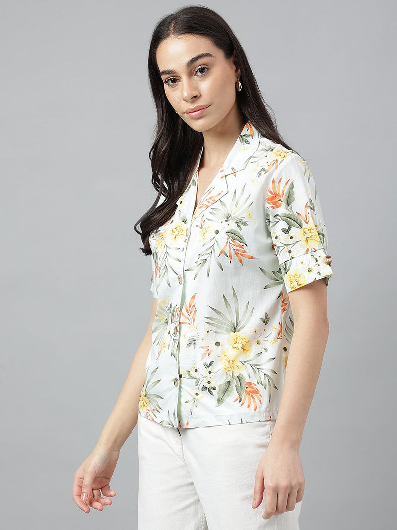 Fresh Mint Green Tropical Floral Print Half Sleeve Shirt