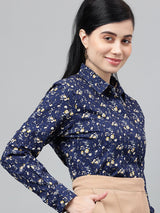 Navy Blue Floral Print Long Sleeve Shirt