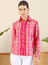 Vibrant Pink & Beige Tie-Dye Inspired Printed Button-Up Shirt