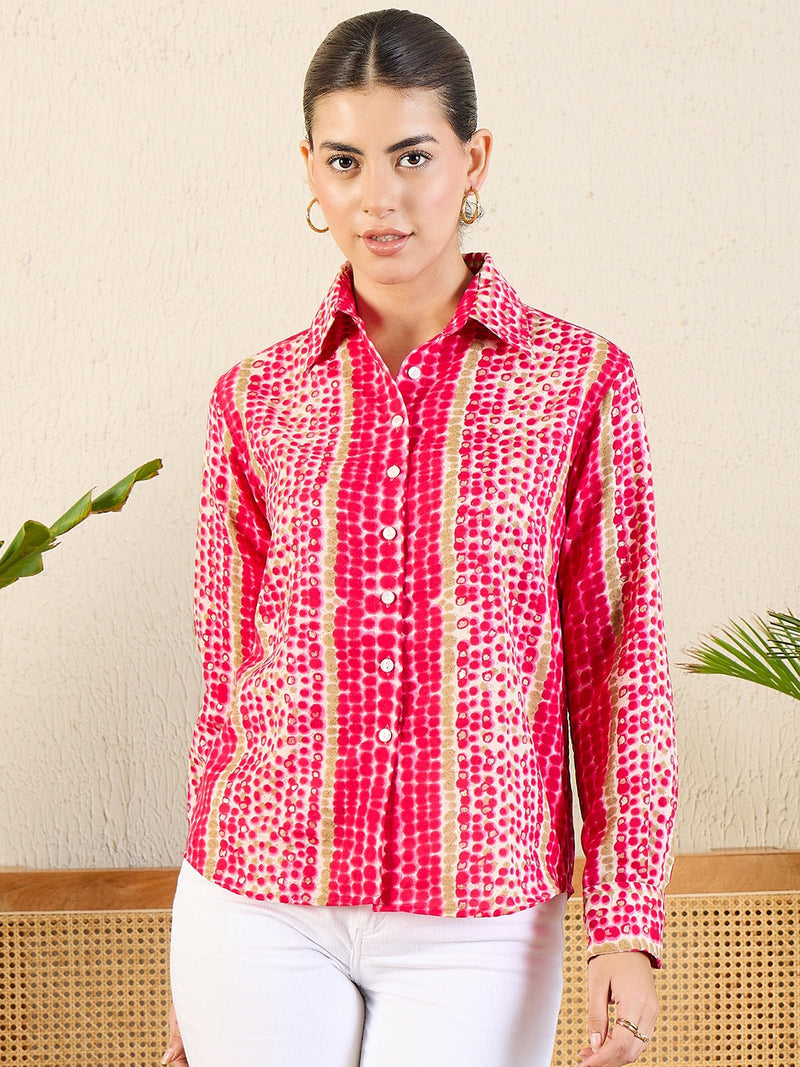 Vibrant Pink & Beige Tie-Dye Inspired Printed Button-Up Shirt