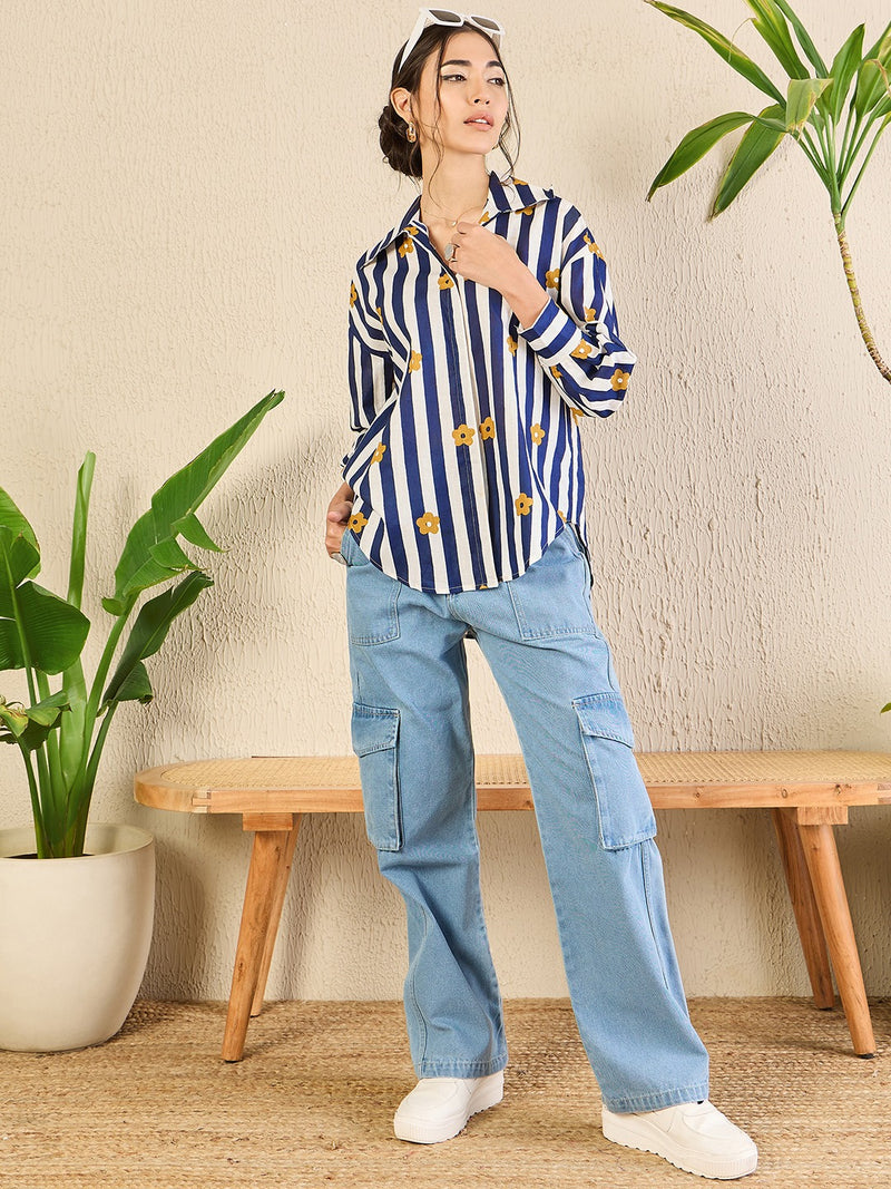 Navy Striped Floral Button-Down Shirt