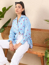 Blue Striped Heart-Print Shirt