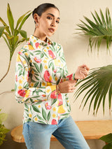 Playful Bird & Floral Print Cotton Shirt