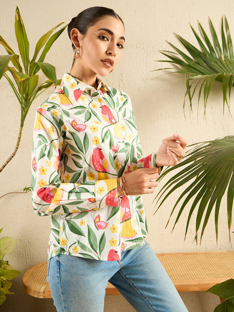 Playful Bird & Floral Print Cotton Shirt