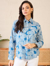 Cool Blue Floral Burst Print Button-Up Shirt