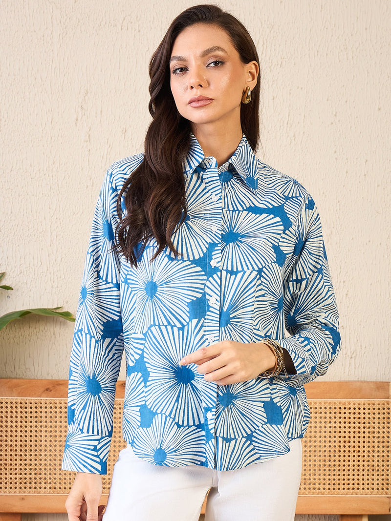Cool Blue Floral Burst Print Button-Up Shirt