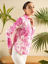 Pink Tropical Toile Print Button-Down Shirt