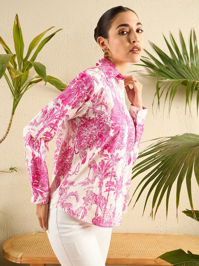 Pink Tropical Toile Print Button-Down Shirt