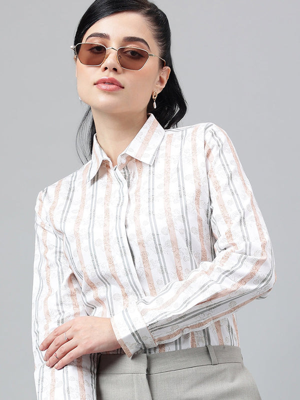 White & Peach Striped Formal Shirt