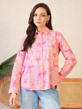 Bright Pink Floral Burst Print Button-Up Shirt