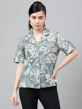 Green Tropical Print Short Sleeve Shirt