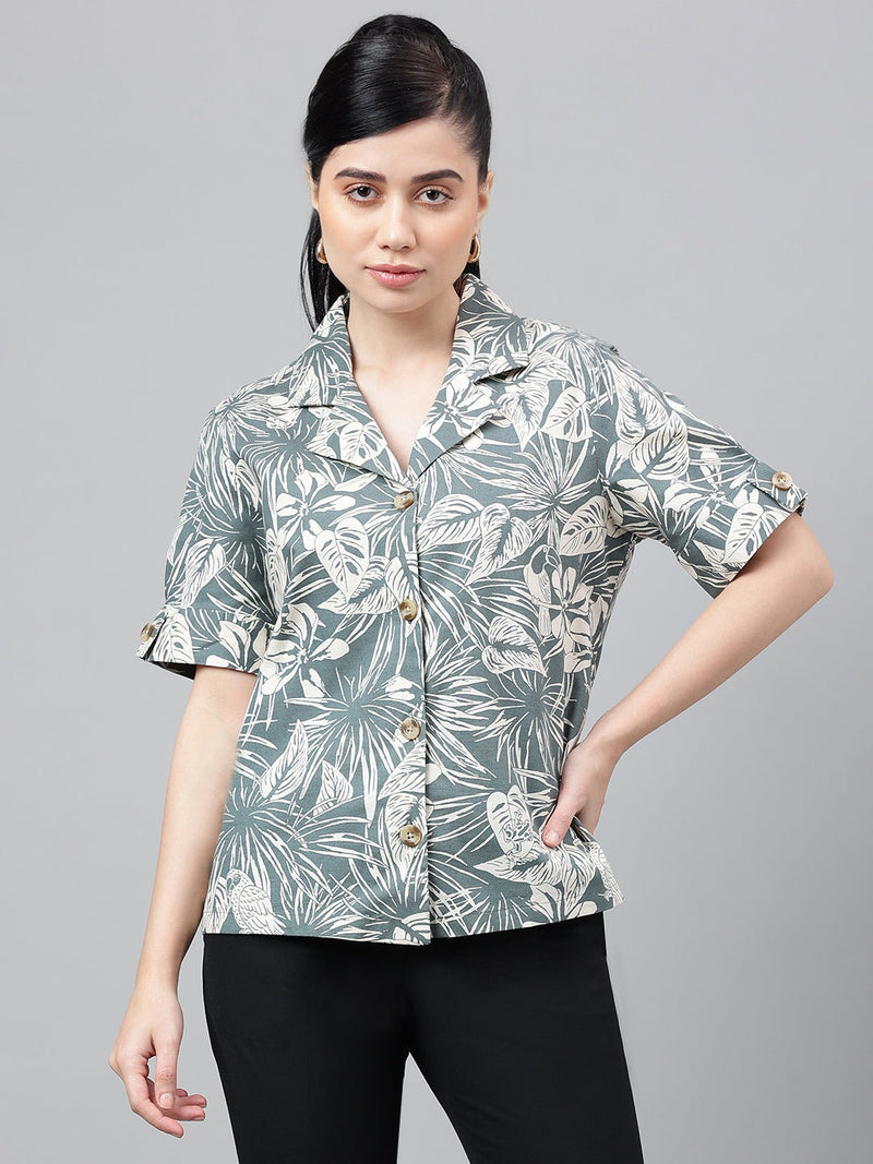 Green Tropical Print Short Sleeve Shirt