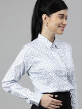 Light Blue & White Geometric Print Formal Shirt