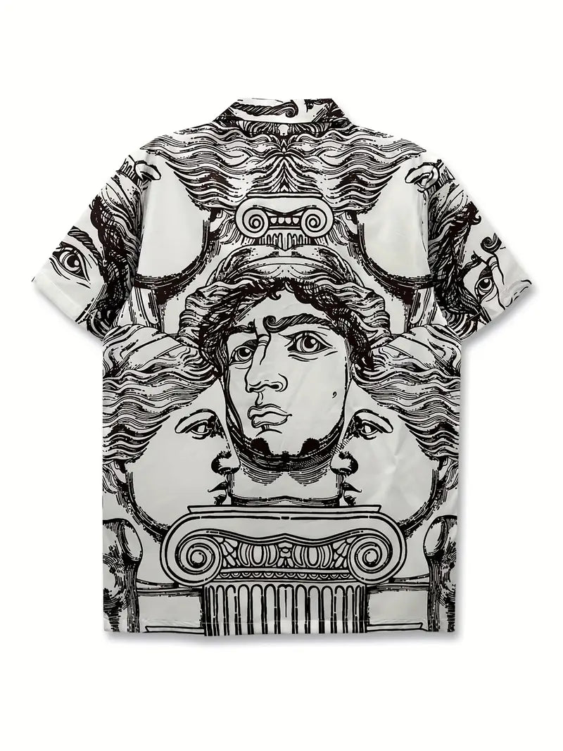 Men's Casual Face Sketch Print Button-Up Shirt