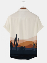 Mens Cactus Desert Scenery Print Holiday Short Sleeve Shirts